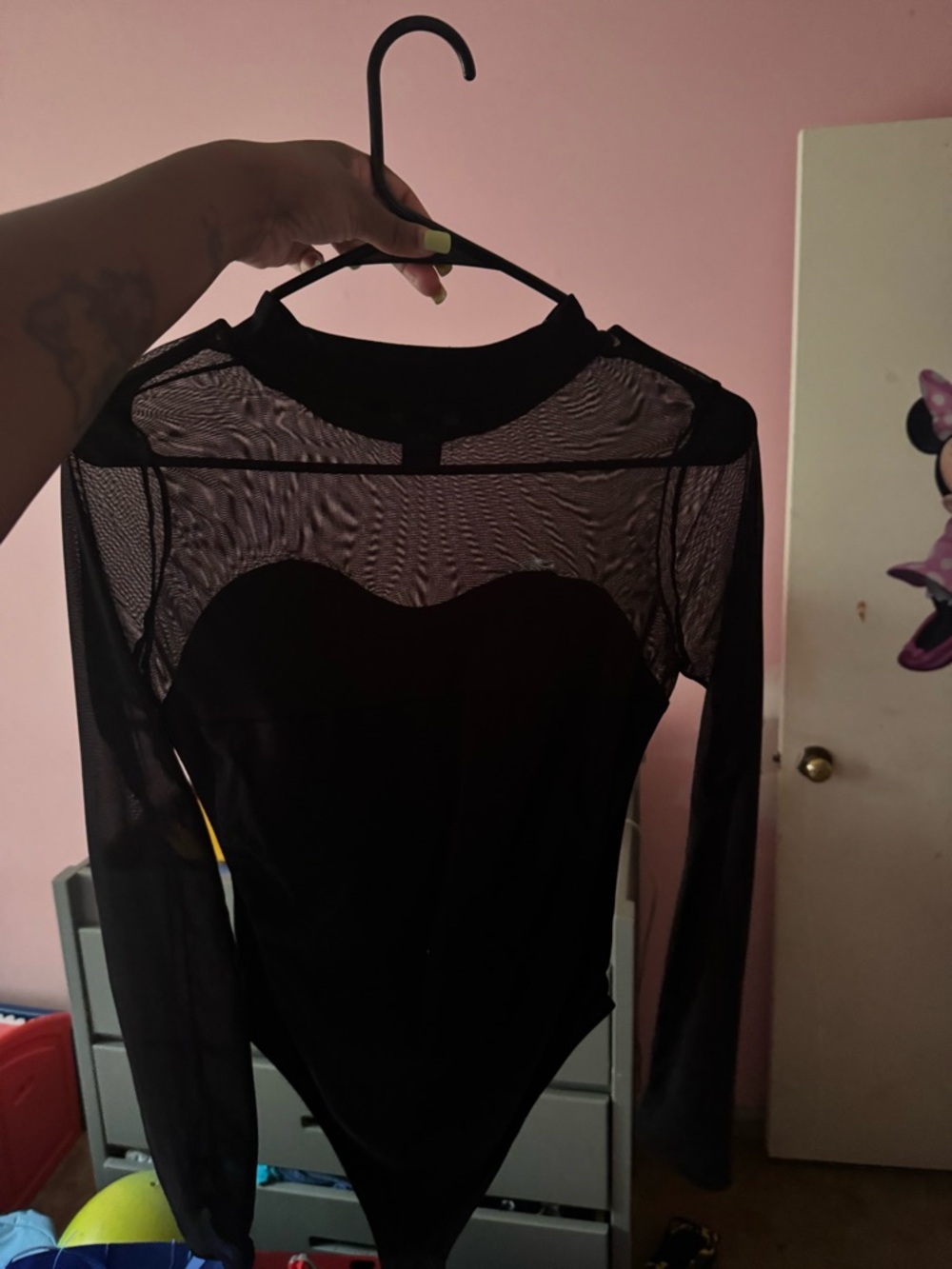 Soho Apparel Black Sheer Mesh Long-Sleeve Bodysuit